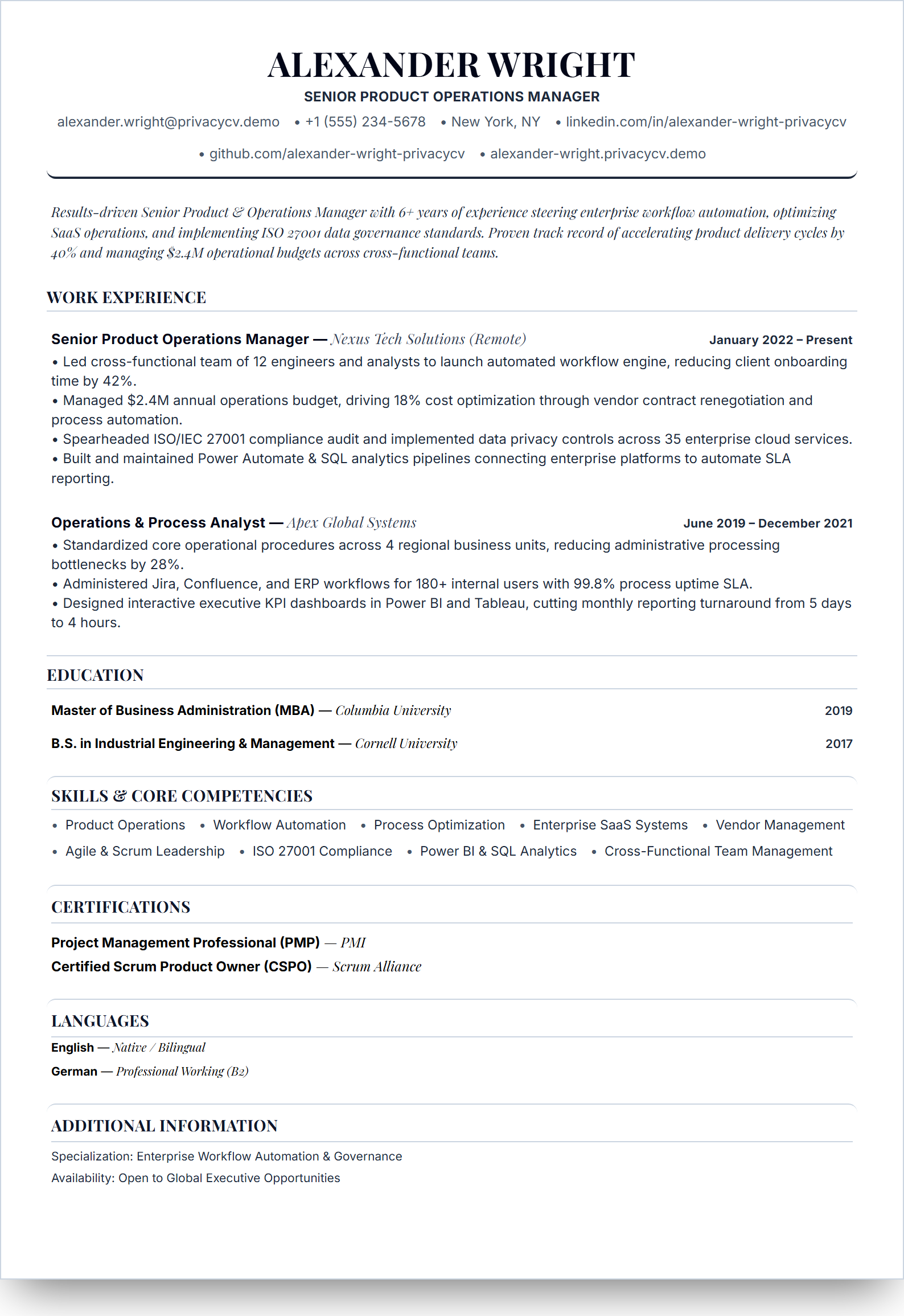 Serif Minimalista Live Resume Template Preview