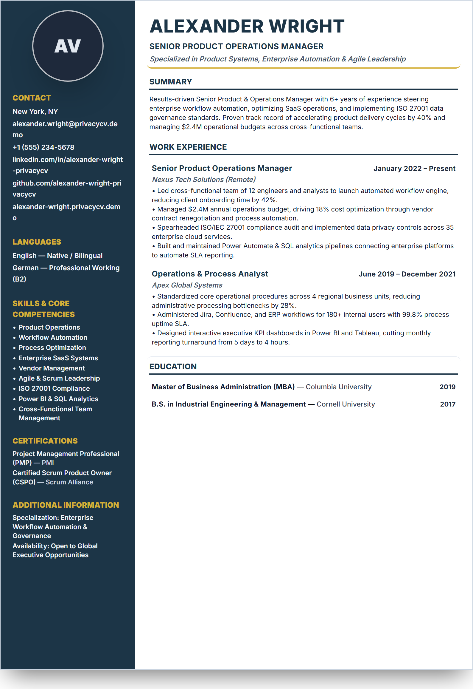 Barra Lateral Ejecutiva Live Resume Template Preview